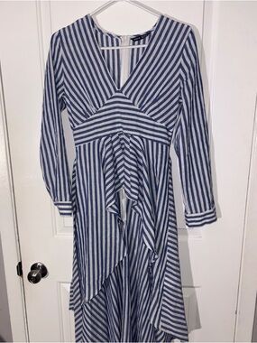 Striped V‑Neck Ruffle long shirt in Blue and White